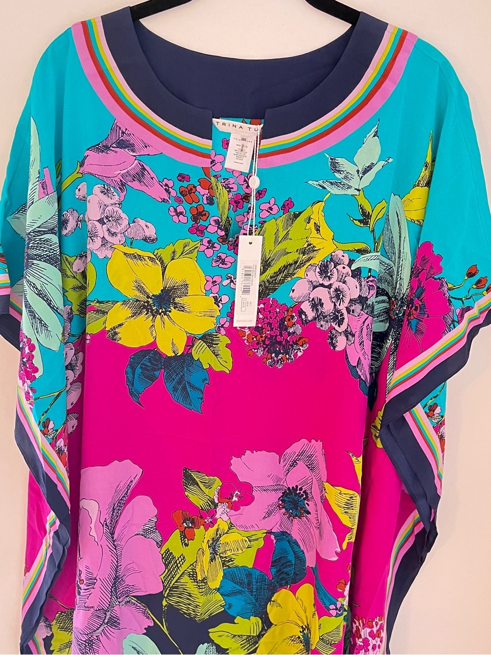 Trina Turk “Theodora” Bright Fuchsia & Turquoise Floral V-Neck Swim Coverup - Picture 2 of 16